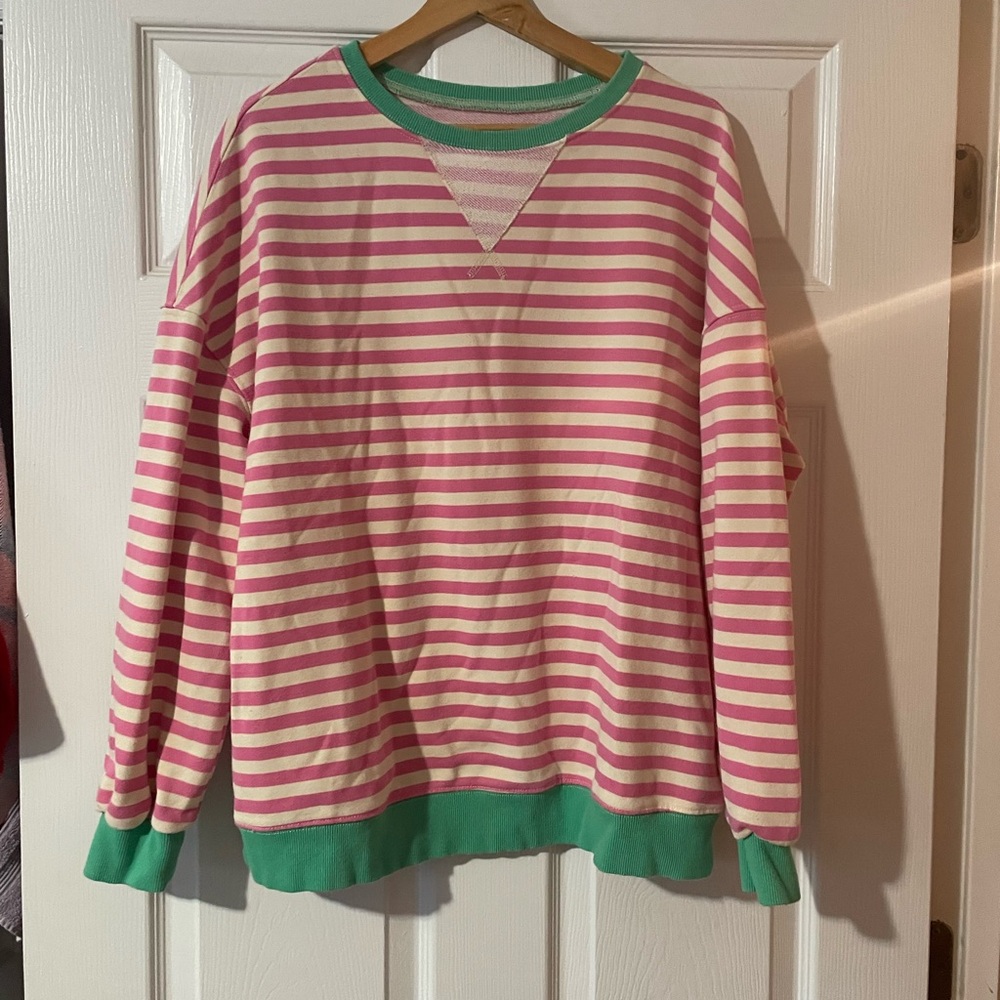 Pink & Cream Striped Pullover with Green Trim